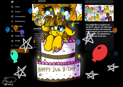 Size: 4093x2894 | Tagged: safe, artist:julunis14, oc, oc only, oc:ayza, pony, unicorn, balloon, birthday, birthday cake, cake, candle, coat markings, facial markings, floppy ears, food, meta, solo, star (coat marking), stars, twitter