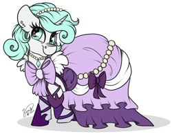Size: 3604x2792 | Tagged: safe, artist:julunis14, oc, oc only, pony, unicorn, clothes, commission, digital, dress, gala dress, high res, pearl, pose, ribbon, shoes, simple background, solo, white background