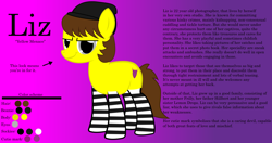 Size: 8192x4334 | Tagged: safe, artist:cardshark777, oc, oc only, oc:liz (cardshark777), earth pony, pony, beanie, clothes, colored background, evil smile, female, female oc, gradient background, grin, hat, looking at you, mare, reference sheet, smiling, socks, solo, striped socks, text