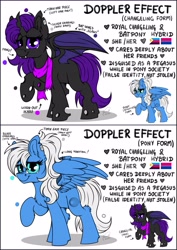 Size: 3621x5120 | Tagged: safe, artist:julunis14, oc, oc only, oc:doppler effect, bat pony, changeling, hybrid, pegasus, pony, bat wings, bisexual pride flag, chest fluff, clothes, commission, ear fluff, hoof fluff, hybrid oc, polyamory pride flag, pride, pride flag, raised hoof, reference sheet, scarf, text, wings