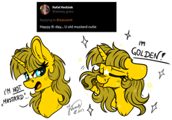 Size: 3440x2395 | Tagged: safe, artist:julunis14, oc, oc only, oc:ayza, pony, unicorn, :p, coat markings, ear fluff, facial markings, food, high res, mustard, pose, sauce, simple background, star (coat marking), text, tongue out, twitter screenshot, white background