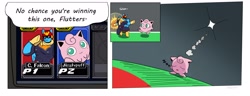 Size: 3395x1298 | Tagged: safe, artist:balileart, part of a set, jigglypuff, captain falcon, dialogue, fighting game, game, onomatopoeia, pokémon, sound effects, super smash bros., super smash bros. melee, talking, wing hands, wings, zzz