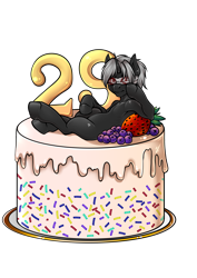 Size: 2894x4093 | Tagged: safe, artist:leastways, oc, oc only, oc:pustka, pony, unicorn, birthday, blindfold, blueberry, cake, food, simple background, solo, strawberry, transparent background