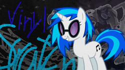 Size: 1920x1080 | Tagged: safe, artist:chadbeats, artist:ikillyou121, edit, dj pon-3, vinyl scratch, pony, unicorn, g4, abstract background, female, mare, name, smiling, solo, sunglasses, wallpaper, wallpaper edit, writing