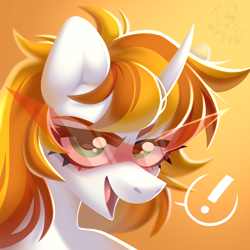Size: 1370x1370 | Tagged: safe, artist:rtootb, oc, oc only, pony, unicorn, brown mane, comic, commission, cute, digital art, ears up, female, glasses, green eyes, happy, icon, long hair, looking at you, mare, open mouth, open smile, orange background, orange mane, portrait, simple background, smiling, smiling at you, soft shading, solo, tengen toppa gurren lagann, white fur