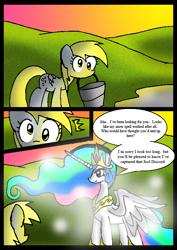 Size: 562x796 | Tagged: safe, artist:neoncabaret, derpy hooves, princess celestia, oc, oc:mel, alicorn, pegasus, pony, comic:derpy's wish, g4, bucket, comic, jewelry, regalia