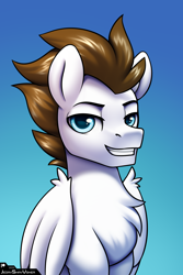 Size: 2000x3000 | Tagged: safe, artist:jedayskayvoker, oc, oc:core, pegasus, pony, bust, chest fluff, fluffy, folded wings, gradient background, high res, icon, looking at you, male, pegasus oc, portrait, smiling, smiling at you, solo, stallion, wings