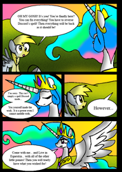 Size: 562x796 | Tagged: safe, artist:neoncabaret, derpy hooves, princess celestia, oc, oc:mel, alicorn, pegasus, pony, comic:derpy's wish, g4, comic, jewelry, regalia