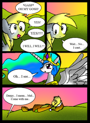 Size: 578x796 | Tagged: safe, artist:neoncabaret, derpy hooves, princess celestia, oc, oc:mel, alicorn, human, pegasus, pony, comic:derpy's wish, g4, comic, jewelry, regalia