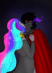 Size: 2480x3508 | Tagged: safe, artist:sh4deshad0w41, king sombra, princess celestia, human, g4, cape, cheek kiss, clothes, dark background, eyes closed, female, high res, humanized, kissing, male, ship:celestibra, shipping, straight