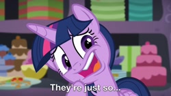 Size: 1280x720 | Tagged: safe, edit, edited screencap, screencap, twilight sparkle, alicorn, pony, g4, party pooped, cake, faic, female, food, mare, party cave, solo, text, they're just so cheesy, twilight sparkle (alicorn)