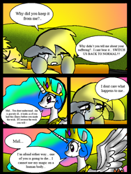 Size: 588x782 | Tagged: safe, artist:neoncabaret, derpy hooves, princess celestia, oc, oc:mel, alicorn, human, pegasus, pony, comic:derpy's wish, g4, comic, crying, imminent death, jewelry, regalia