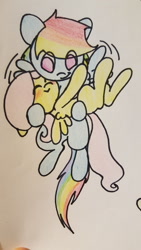 Size: 1080x1920 | Tagged: safe, artist:fluttersdoodles, fluttershy, rainbow dash, pegasus, pony, g4, cuddling, duo, eyes closed, female, holding a pony, lesbian, ship:flutterdash, shipping, smiling, traditional art