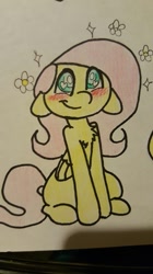 Size: 539x960 | Tagged: safe, artist:fluttersdoodles, part of a set, fluttershy, pegasus, pony, g4, chest fluff, floppy ears, part of a series, pencil drawing, smiling, solo, sparkly eyes, traditional art, wingding eyes