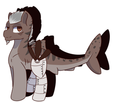 Size: 2980x2488 | Tagged: safe, artist:morrigun, oc, oc only, original species, shark, shark pony, countershading, eyes open, fish tail, gray mane, high res, male, older, robot legs, shark fin, shark pony oc, shark tail, signature, simple background, solo, stallion, tail