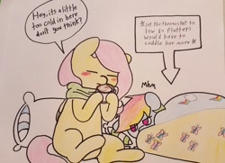 Size: 1280x927 | Tagged: safe, artist:fluttersdoodles, fluttershy, rainbow dash, pegasus, pony, g4, bed, blanket, clothes, cold, dialogue, duo, female, in bed, lesbian, mug, pencil drawing, pillow, scarf, ship:flutterdash, shipping, traditional art