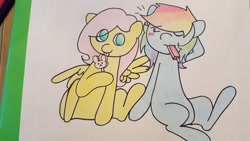 Size: 1280x720 | Tagged: safe, artist:fluttersdoodles, fluttershy, rainbow dash, pegasus, pony, g4, duo, female, food, lesbian, pencil drawing, popsicle, ship:flutterdash, shipping, traditional art