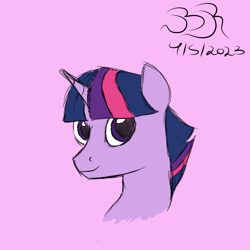 Size: 1000x1000 | Tagged: safe, artist:bifrose, twilight sparkle, pony, unicorn, g4, dusk shine, looking at you, male, pink background, rule 63, simple background, solo, stallion