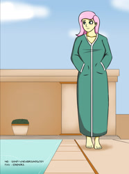 Size: 2236x3006 | Tagged: safe, artist:sandypeacebringer, fluttershy, human, equestria girls, g4, bathrobe, clothes, cloud, feet, female, high res, outdoors, robe, sky, smiling, solo, swimming pool, water