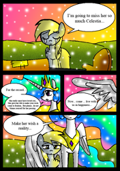 Size: 557x792 | Tagged: safe, artist:neoncabaret, derpy hooves, princess celestia, oc, oc:mel, alicorn, human, pegasus, pony, comic:derpy's wish, g4, comic, crying, hug, jewelry, regalia, snow, snowfall, winghug, wings