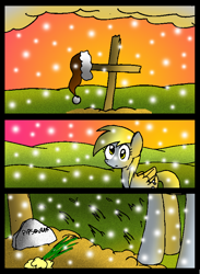 Size: 580x792 | Tagged: safe, artist:neoncabaret, derpy hooves, oc, oc:mel, pegasus, pony, comic:derpy's wish, g4, comic, grave, snow, snowfall, tomb