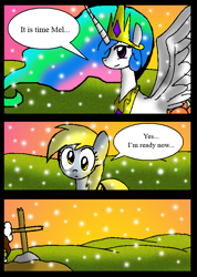 Size: 565x792 | Tagged: safe, artist:neoncabaret, derpy hooves, princess celestia, oc, oc:mel, alicorn, pegasus, pony, comic:derpy's wish, g4, comic, grave, snow, snowfall, tomb