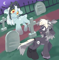 Size: 2193x2233 | Tagged: safe, artist:funnyhat12, oc, oc only, deer, deer pony, earth pony, original species, pony, undead, zombie, zombie pony, butt, clothes, countershading, duo, fence, gravestone, graveyard, high res, looking at each other, looking at someone, moon, night, plot, socks