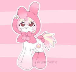 Size: 1571x1502 | Tagged: safe, artist:funnyhat12, oc, oc only, earth pony, pony, adoptable, bow, cape, clothes, costume, gradient background, my melody, socks, solo, tail, tail bow