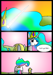 Size: 565x792 | Tagged: safe, artist:neoncabaret, derpy hooves, princess celestia, oc, oc:mel, alicorn, pegasus, pony, comic:derpy's wish, g4, comic, jewelry, magic, regalia