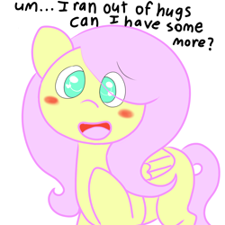Size: 1080x1080 | Tagged: safe, artist:fluttersdoodles, fluttershy, pegasus, pony, g4, blushing, bronybait, dialogue, eye clipping through hair, heart, heart eyes, hug request, open mouth, simple background, solo, talking to viewer, white background, wingding eyes