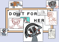 Size: 680x486 | Tagged: safe, artist:jessy, oc, oc only, oc:blitz, original species, plane pony, pony, a-10 thunderbolt ii, angry, board, brick, brown eyes, brrrrt, bulletin board, do it for her, duct tape, exploitable meme, female, filly, flying, foal, gray coat, i am speed, lavender background, looking at you, meme, pictures, plane, sad, sharp teeth, simple background, solo, tape, teeth, underhoof