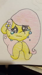 Size: 1080x1920 | Tagged: safe, artist:fluttersdoodles, fluttershy, pegasus, pony, g4, crying, fluttercry, hooves together, looking at you, pencil drawing, solo, traditional art, wavy mouth