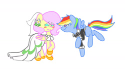 Size: 1280x720 | Tagged: safe, artist:fluttersdoodles, fluttershy, rainbow dash, pegasus, pony, g4, braid, clothes, dress, duo, female, floating, imminent wedding, lesbian, looking at each other, looking at someone, raised hoof, ship:flutterdash, shipping, simple background, tailcoat, wedding dress, white background