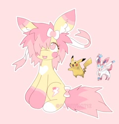 Size: 1433x1488 | Tagged: safe, artist:funnyhat12, oc, oc only, earth pony, pikachu, pony, sylveon, adoptable, pokémon, trio