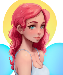 Size: 1658x1970 | Tagged: safe, artist:alcor, pinkie pie, human, g4, breasts, bust, cleavage, female, humanized, looking at you, nimbus, portrait, smiling, smiling at you, solo