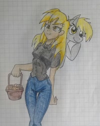 Size: 1820x2287 | Tagged: safe, artist:jackudoggy, derpy hooves, human, pegasus, pony, equestria girls, g4, basket, clothes, denim, female, food, humanized, jeans, mare, muffin, pants, self paradox, self ponidox, shirt
