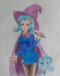 Size: 1836x2347 | Tagged: safe, artist:jackudoggy, trixie, human, pony, unicorn, equestria girls, g4, cape, clothes, female, hat, humanized, looking at you, magic wand, mare, self paradox, self ponidox, smiling, trixie's cape