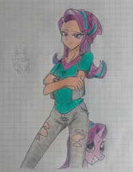 Size: 1836x2370 | Tagged: safe, artist:jackudoggy, starlight glimmer, dog, human, pony, unicorn, equestria girls, g4, clothes, denim, female, hat, heart, heart eyes, humanized, jeans, looking at you, mare, pants, ripped jeans, ripped pants, self paradox, self ponidox, smiling, torn clothes, wingding eyes