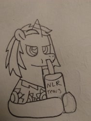 Size: 4160x3120 | Tagged: safe, artist:supahdonarudo, derpibooru exclusive, oc, oc only, oc:ironyoshi, pony, unicorn, april fools 2023, clothes, drink, drinking, holding, monochrome, new lunar republic, shirt, simple background, sketch, straw, your tears are delicious