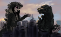 Size: 4267x2555 | Tagged: safe, artist:misstwipietwins, oc, oc:oretha, kaiju, anthro, city, clothes, costume, godzilla, godzilla (series), macro