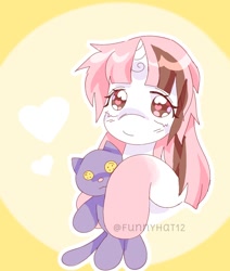 Size: 1006x1186 | Tagged: safe, artist:funnyhat12, oc, oc only, oc:strawberry smoothie (funnyhat12), pony, unicorn, bust, gradient background, plushie, portrait, solo