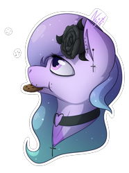 Size: 1428x1916 | Tagged: safe, artist:najti, oc, oc only, oc:soda sadie, original species, plant pony, pony, black rose, bust, collar, cookie, cute, eat, eating, female, flower, food, jewelry, looking up, mare, piercing, plant, purple eyes, purple mane, rose, side view, simple background, sleepy, solo, transparent background