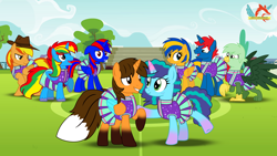 Size: 3840x2160 | Tagged: safe, artist:ejlightning007arts, misty brightdawn, oc, oc:ej, oc:firey ratchet, oc:flare spark, oc:gregory griffin, oc:shield wing, oc:stephen (stephen-fisher), oc:train track, alicorn, griffon, pegasus, pony, unicorn, g4, g5, alicorn oc, canon x oc, cheerleader, cheerleader outfit, clothes, coat markings, colored wings, crossdressing, cute, ejmisty, embarrassed, fedora, female, field, griffon oc, hat, high res, horn, male, mare, multicolored hair, smiling, socks (coat markings), stallion, the fire lightning squad, unshorn fetlocks, wings