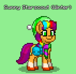 Size: 852x828 | Tagged: safe, sunny starscout, earth pony, pony, pony town, g5, my little pony: make your mark, winter wishday, spoiler:g5, bag, clothes, green background, hat, mane stripe sunny, scarf, simple background, solo