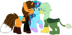 Size: 9986x4831 | Tagged: safe, artist:ejlightning007arts, misty brightdawn, oc, oc:ej, oc:gregory griffin, alicorn, fox, fox pony, griffon, hybrid, pony, unicorn, g4, g5, alicorn oc, butt, canon x oc, cheek kiss, clothes, coat markings, cute, ejmisty, ejmistygory, eyes closed, fake cutie mark, freckles, griffon oc, griffon x pony, horn, jacket, kiss sandwich, kissing, mistgory, misty brightdawn gets all the stallions, mistybetes, plot, plot pair, raised hoof, simple background, socks (coat markings), transparent background, trio, vector, wings