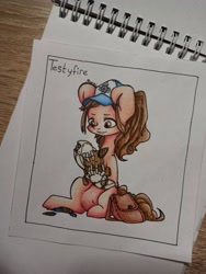 Size: 961x1280 | Tagged: safe, artist:fyusi, oc, oc:testyfire, cyborg, pegasus, pony, bag, cap, hat, mechanical hands, pegasus oc, plushie, solo, teddy bear, traditional art