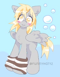 Size: 1103x1414 | Tagged: safe, artist:funnyhat12, derpy hooves, pegasus, pony, g4, bubble, clothes, gradient background, leg warmers, solo