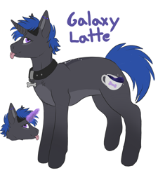Size: 1390x1476 | Tagged: safe, artist:galaxylatte, oc, oc only, oc:galaxylatte, pony, unicorn, bone, coffee, coffee mug, collar, countershading, dog tags, mug, original character do not steal, piercing, reference sheet, short hair, short tail, solo, tail, tongue out