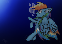 Size: 1412x1000 | Tagged: safe, artist:fedethedox2121, rainbow dash, pegasus, pony, g4, 2022, bubble, crepuscular rays, ear fluff, feather, female, flowing mane, flowing tail, gradient background, mare, ocean, open mouth, raised hoof, signature, solo, tail, this will end in death, underwater, water, wings