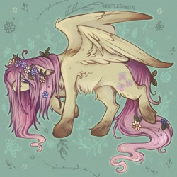 Size: 1500x1500 | Tagged: safe, artist:beetlegoblin, fluttershy, pegasus, pony, g4, female, flower, flower in hair, green background, simple background, solo